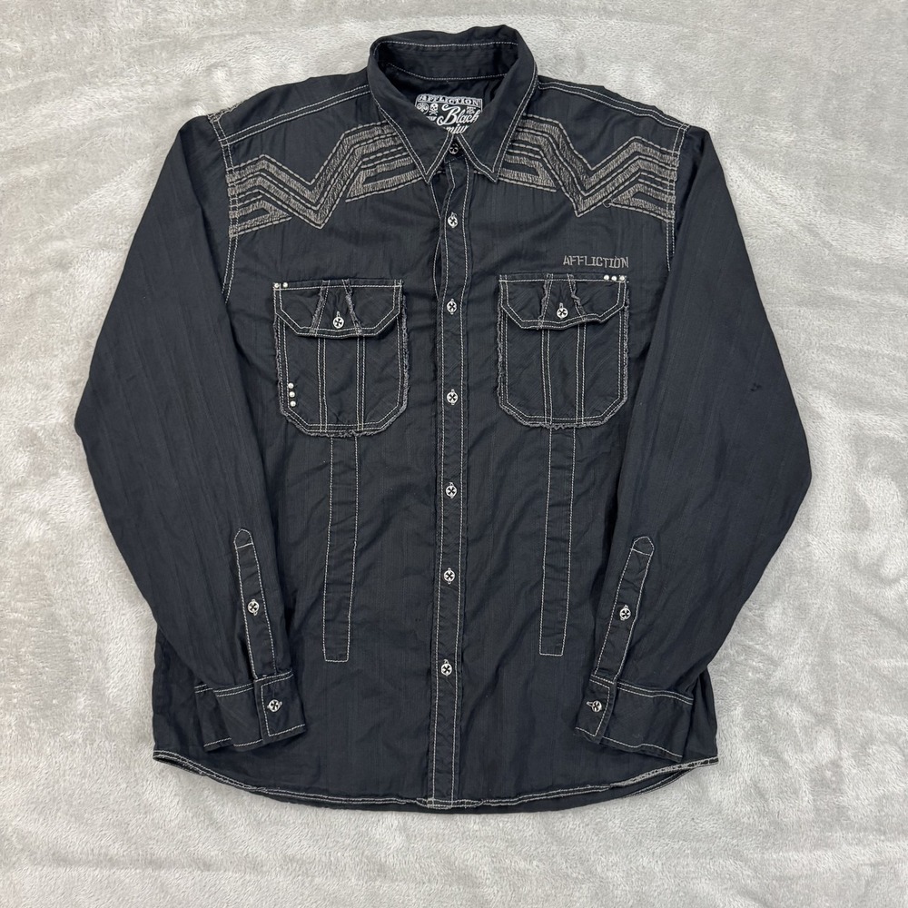 Affliction Shirt Mens XL Black Premium Buckle Western Cowboy Embroidered Stretch